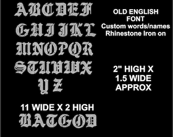 Old English bling font, personalized rhinestone letters, rhinestone iron on hotfix transfer, Personalized bejeweled letters,
