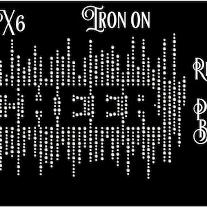 May include: Black background with the word "CHEER" in white rhinestone-style dots. The text "IRON ON" and "READY TO PRESS BLING" are also present. The design measures 9 x 6 inches.