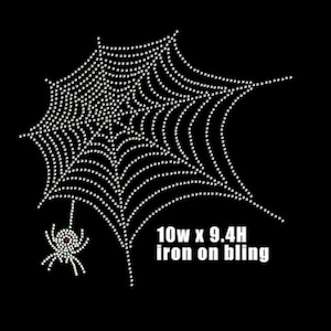 May include: A white rhinestone spider web with a small red-eyed spider hanging from the bottom. The web is 10 inches wide and 9.4 inches high. The text "iron on bling" is below the web.