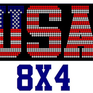 May include: A black background with the word "USA" in large, dotted letters, colored red, white, and blue to resemble the American flag. Below, the numbers "8X4" are displayed in blue.