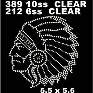May include: A black and white image of a Native American headdress design made with rhinestones. The design is 5.5 inches by 5.5 inches. The text "389 10ss CLEAR 212 6ss CLEAR" is at the top of the image.