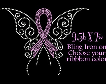 Rhinestone Cancer ribbon with butterfly, Cancer ribbon bling DIY iron on, Ribbon Hot fix transfer, Cancer awareness ribbon bling, bejeweled