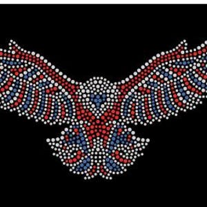 May include: A stylized eagle design with outstretched wings, rendered in a dot pattern. The design features red, white, and blue dots, creating a patriotic theme against a black background. The eagle's wings are spread wide, showcasing the intricate dot arrangement.
