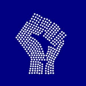 May include: A white raised fist made of small white dots on a dark blue background.