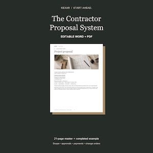 Könnte beinhalten: Ein digitales Dokument mit dem Titel The Contractor Proposal System, das eine Projektvorschlagsvorlage mit Kopfzeile, Textabschnitten und einem Bild einer Grundrissskizze enthält. Verfügbar in bearbeitbaren Word- und PDF-Formaten.