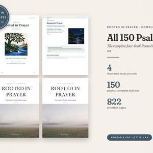 Op de afbeelding: Een vierdelige Rooted in Prayer studiejournaalset met 150 Psalmen en 822 printbare pagina's. De digitale documenten bevatten geïllustreerde covers, landschapsfotografie en tekst voor Goodnotes in Letter- en A4-formaten.