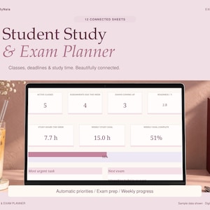 May include: A digital Student Study & Exam Planner Excel template displayed on a laptop screen. The interface features data fields for active classes, assignments, exam readiness, study hours, and weekly goals with a progress bar at 51%.