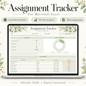 Puede incluir: Una pantalla de portátil que muestra un rastreador de tareas para Microsoft Excel, con un panel de control que incluye gráficos de progreso semanal, listas de tareas y estados de prioridad, decorado con ilustraciones florales.