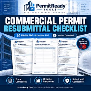 Könnte beinhalten: Ein digitales Dokumentenset Commercial Permit Resubmittal Checklist mit drei Seiten: Before You Resubmit, Correction Response Log und Final Ready-to-Resubmit Review. Enthält ausfüllbare und druckbare PDF-Optionen für Bauprojekte.
