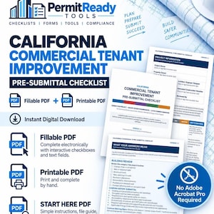 Puede incluir: Un conjunto de documentos digitales de lista de verificación de pre-presentación para mejoras de inquilinos comerciales en California. Incluye formularios PDF rellenables e imprimibles, hojas de información del proyecto y una guía de decisión.