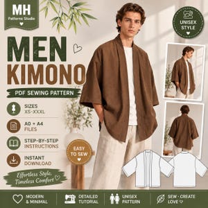 May include: A brown open-front kimono jacket with wide sleeves, worn over a white t-shirt and light-colored trousers. The image includes text for a PDF sewing pattern, sizes XS-XXXL, A0 and A4 files, and a line drawing of the garment.