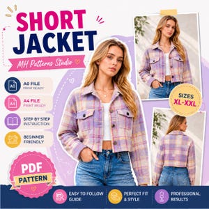 Pode incluir: Um molde de costura digital para um casaco curto com um design xadrez em tons de roxo, amarelo e branco. O gráfico inclui o texto SHORT JACKET, MH Patterns Studio, A0 FILE, A4 FILE, PDF PATTERN e os tamanhos XL-XXL.