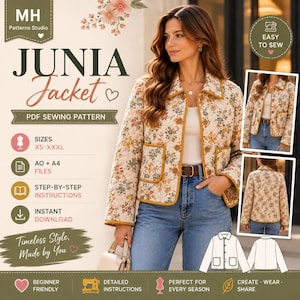 May include: A PDF sewing pattern for the Junia Jacket, featuring a cream-colored quilted jacket with a floral print and mustard yellow trim. The design includes a collar, long sleeves, and two front pockets, shown in front and back views.