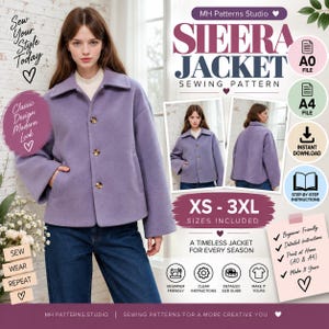 May include: A digital sewing pattern for the Sieera Jacket by MH Patterns Studio, featuring a lavender button-up jacket with a collar and wide sleeves. The graphic includes text, size range XS-3XL, and icons for A0 and A4 file formats.