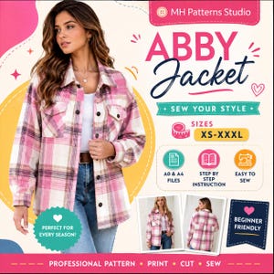 Könnte beinhalten: Ein Schnittmuster für die Abby Jacket, das eine karierte Hemdjacke in Pink, Weiß und Dunkelgrau mit Kragen, Knopfleiste und zwei Brusttaschen zeigt. Die Grafik enthält Text, den Größenbereich XS-XXXL sowie verschiedene Symbole.