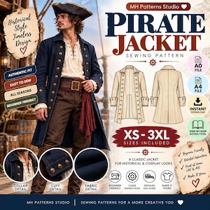 Könnte beinhalten: Ein digitales Schnittmuster für eine Piratenjacke von MH Patterns Studio. Das Bild zeigt einen langen marineblauen Mantel mit Messingknöpfen, ein cremefarbenes Hemd und eine braune Hose. Enthält technische Skizzen, Größen XS-3XL und Dateiformate.