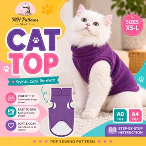 May include: A digital sewing pattern for a purple fleece cat top, featuring a white long-haired cat wearing the garment. The graphic includes the text MH Patterns Studio, CAT TOP, SIZES XS-L, A0 FILE, A4 FILE, and PDF SEWING PATTERN.