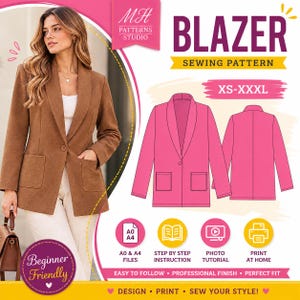 Pode incluir: Um molde de costura para blazer da MH Patterns Studio, apresentando um blazer castanho com um botão e dois bolsos de chapa. O gráfico inclui um desenho técnico rosa do blazer, intervalo de tamanhos XS-XXXL e ícones para A0, A4, instruções, tutoriais fotográficos e impressão em casa.