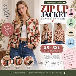 Pode incluir: Um molde de costura digital para um casaco com fecho de correr da MH Patterns Studio. O casaco apresenta um design de patchwork acolchoado em tons de vermelho, verde e creme com decote redondo, mangas compridas e dois bolsos. Inclui ficheiros A0 e A4.