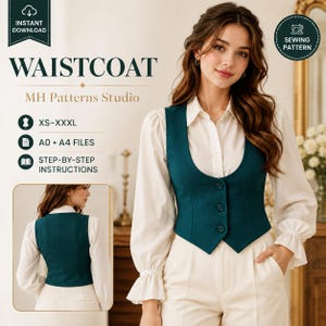 May include: A digital sewing pattern for a teal waistcoat featuring three buttons, a deep scoop neckline, and a tailored fit. The text includes WAISTCOAT, MH Patterns Studio, XS-XXXL, A0 + A4 FILES, and STEP-BY-STEP INSTRUCTIONS.