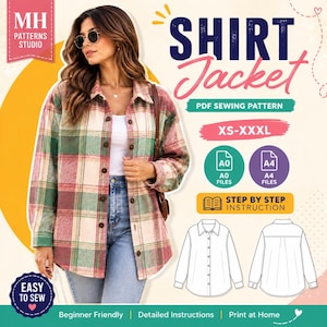 May include: A PDF sewing pattern for a shirt jacket featuring a plaid pattern in shades of green, pink, and cream. The design includes a collar, button-down front, and long sleeves. The graphic displays text including SHIRT Jacket, XS-XXXL, and A0/A4 files.