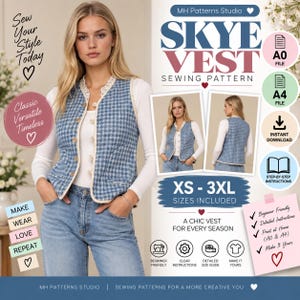 May include: A sewing pattern for a Skye Vest by MH Patterns Studio. The image displays a blue and white tweed-style vest with a ruffled trim and buttons, shown on a model. Includes text for A0 and A4 files, instant download, and sizes XS-3XL.