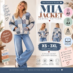 May include: A digital sewing pattern for the Mia Jacket by MH Patterns Studio. The design features a V-neck, long sleeves, and two front pockets, constructed from a blue and white patchwork fabric. Includes A0 and A4 files, sizes XS to 3XL.