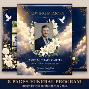 Plantilla de programa funerario azul, folleto conmemorativo azul marino y dorado, celebración de la vida, programa funerario editable en Canva, folleto plegable de 8 páginas