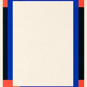 May include: A rectangular print featuring a large central off-white area framed by a thick blue border. The blue border is surrounded by alternating black and bright orange rectangular segments that create a geometric frame around the entire composition.