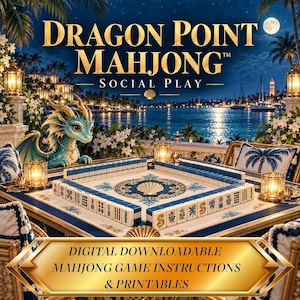 Puede incluir: Una descarga digital para Dragon Point Mahjong Social Play que presenta un tablero con fichas azules y blancas, una figura de dragón verde azulado y una pancarta dorada con el texto: DIGITAL DOWNLOADABLE MAHJONG GAME INSTRUCTIONS & PRINTABLES.