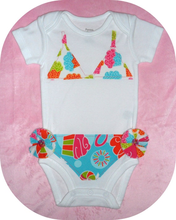 Items similar to Bikini Swimsuit Onesie with Cupcake Design & Fabric Flower Embellishments on Etsy