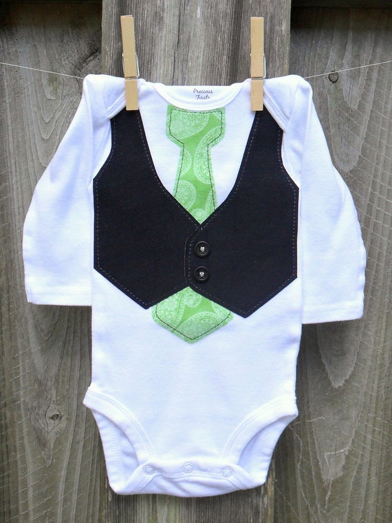 Items similar to Baby Onesie with Dark Denim Vest & Light Green Paisley