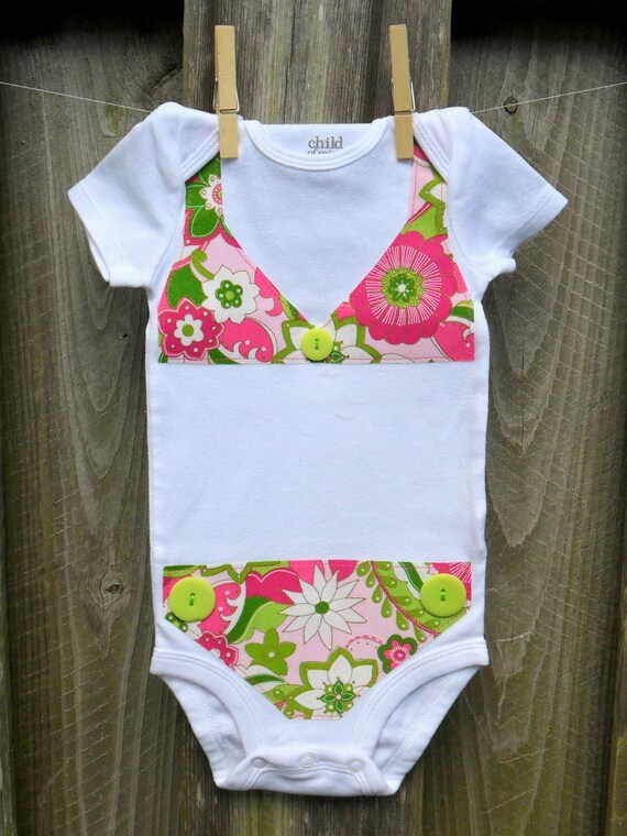 Items similar to Bikini Swimsuit Onesie with Pink, Green & Gold Design