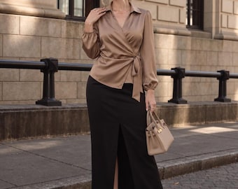 Tie Waist Office Shirt, Silk Wrap Top for Women, Collared Blouse, Elegant Workwear, Quiet Luxury Top, Feminine Long Sleeve Blouse