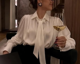 Bluse mit Schleife, weiße Bluse mit Bindekragen, langärmeliges Seidentop, Bluse mit Ballonärmeln, elegante Bürokleidung, Damen-Business-Top