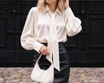 Silk Tie Neck Blouse, Satin Long Sleeve Shirt, Elegant Office Blouse, Bow Neck Workwear Top, Feminine Business Casual Shirt