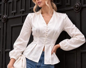 V Neck Button Front Top, Silk Peplum Blouse, Long Sleeve Silk Shirt, Elegant Women's Office Workwear