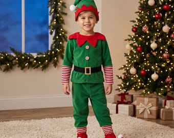 May include: A green and red elf costume featuring a long-sleeved top with peppermint-style buttons, a black belt with a gold buckle, striped sleeves, matching green pants, striped socks, and a pointed hat with a white pom-pom.