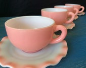Crinoline dishes ,pink crinoline tea cups and saucers , vintage Hazel Atlas pink crinoline .