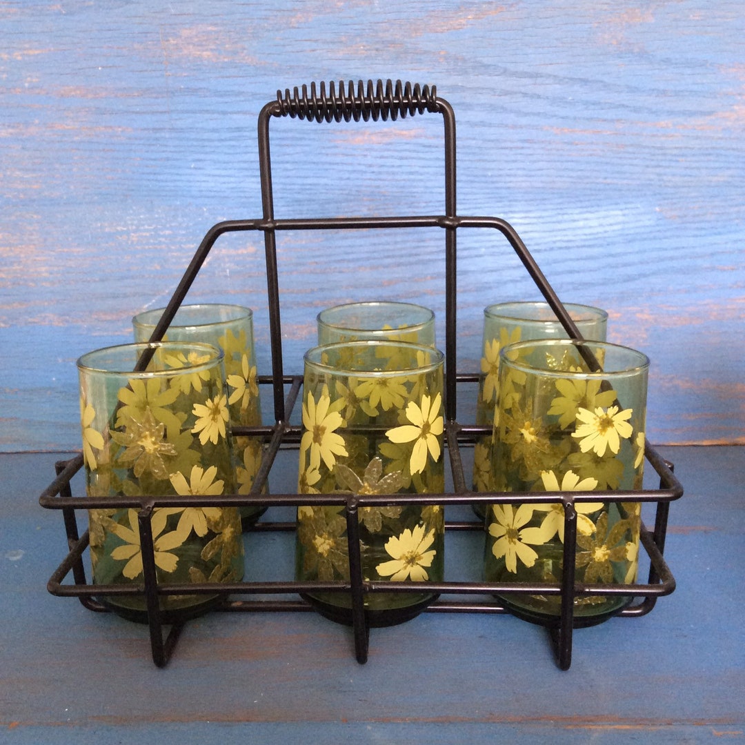 Glasses. Green Drinking Glasses, Vintage Drinking Green Flowers Glasses