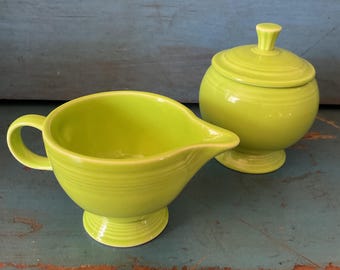 Vintage Fiesta Cream and Sugar Bowl Set, Green Fiesta Ware