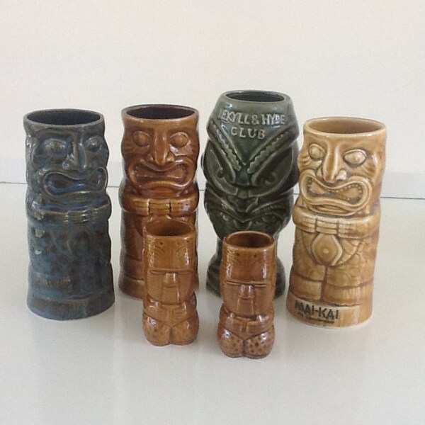 Hawaii Ceramic Tiki Mug and Shot Glasses Set 1960s Polynesian