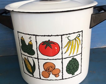 Enamel. Vintage Retro enamel pot. Midcentury pot. White colorful pot. Vintage cooking pot.