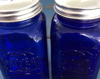 Vintage Cobalt Blue Glass Shaker Set, Mid-Century Kitchenware