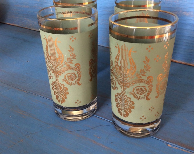 Mid Century Denby Avocado Green Carousel Water Goblets and Wine Glasses
