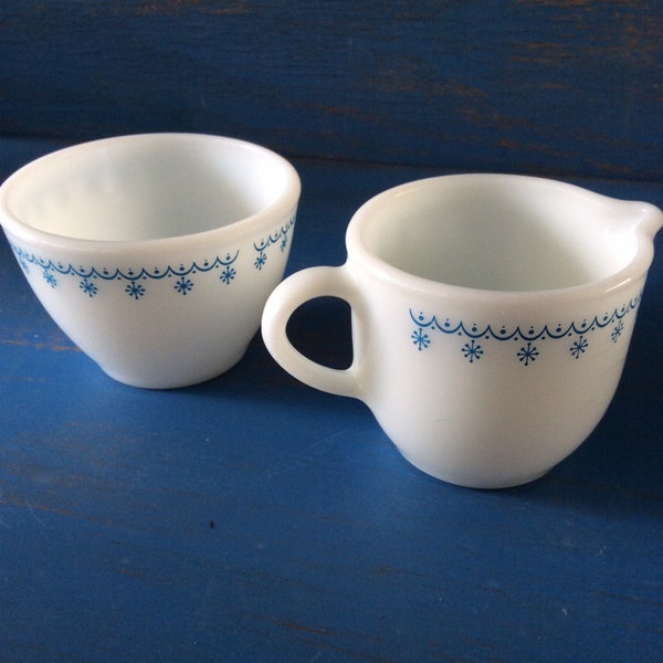 Pyrex set. Snowflake blue small sugar and cream set. Pyrex sugar and creamer set.