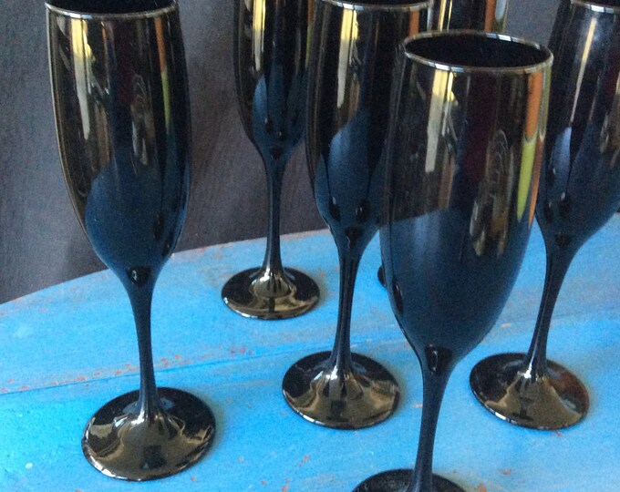 Vintage Libbey Black Glass Flute Champagne Drinking Glasses Etsy