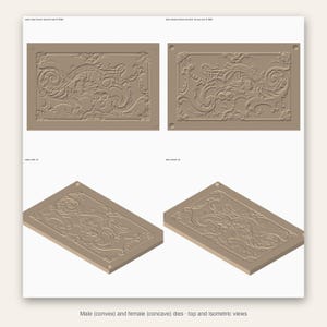 Puede incluir: Un conjunto de cuatro matrices rectangulares de color beige con intrincados patrones de volutas y flores en relieve. La colección incluye vistas superiores e isométricas de moldes machos convexos y hembras cóncavos con detalles.