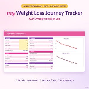 Może przedstawiać: Cyfrowy arkusz kalkulacyjny do śledzenia utraty wagi dla programów Excel i Google Sheets zatytułowany My Weight Loss Journey Tracker GLP-1 Weekly Injection Log. Interfejs zawiera sekcje dotyczące profilu, podróży, wagi, pomiarów, BMI oraz celów z wykresami.