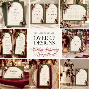 Burgundy Olive Green Floral Wedding Bundle, Editable Plum Canva Templates, Stationary and Signage Suite